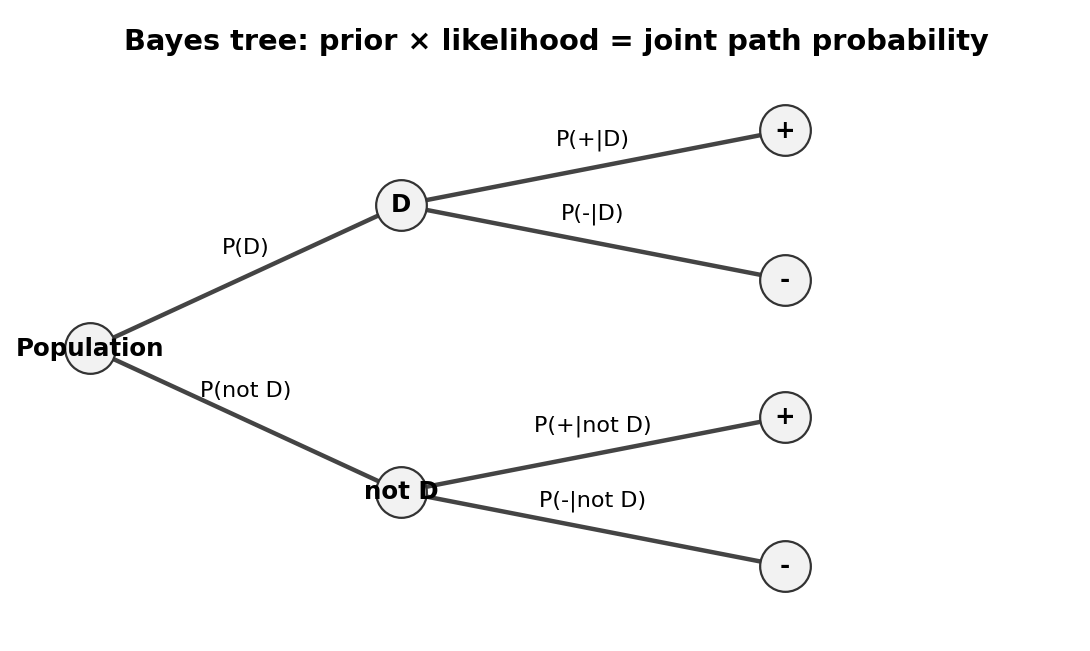 Tree diagram showing disease status and positive or negative test results.